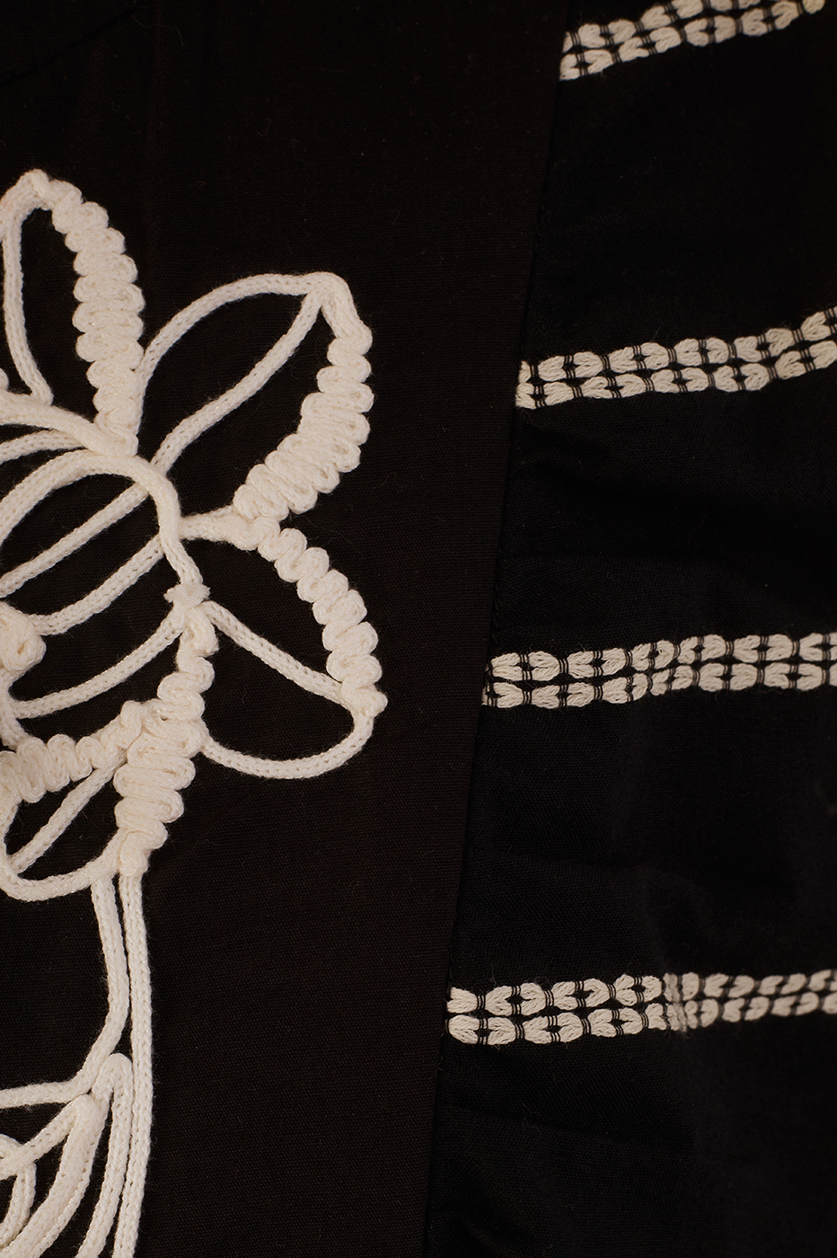 Black Embroidered Flowers Front Ties Puff Sleeve Blouse