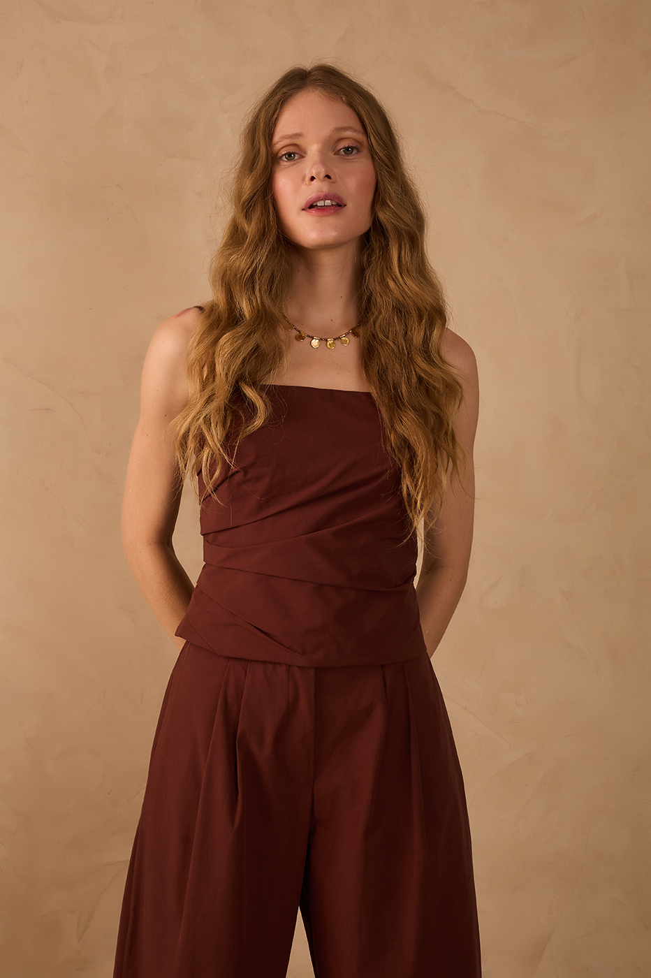 Brown Pleated Square Neck Adjustable Straps Top