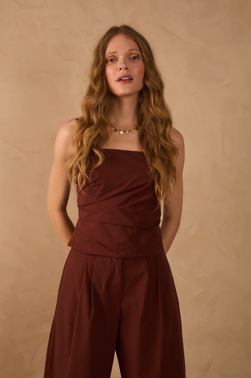 Brown Pleated Square Neck Adjustable Straps Top_1