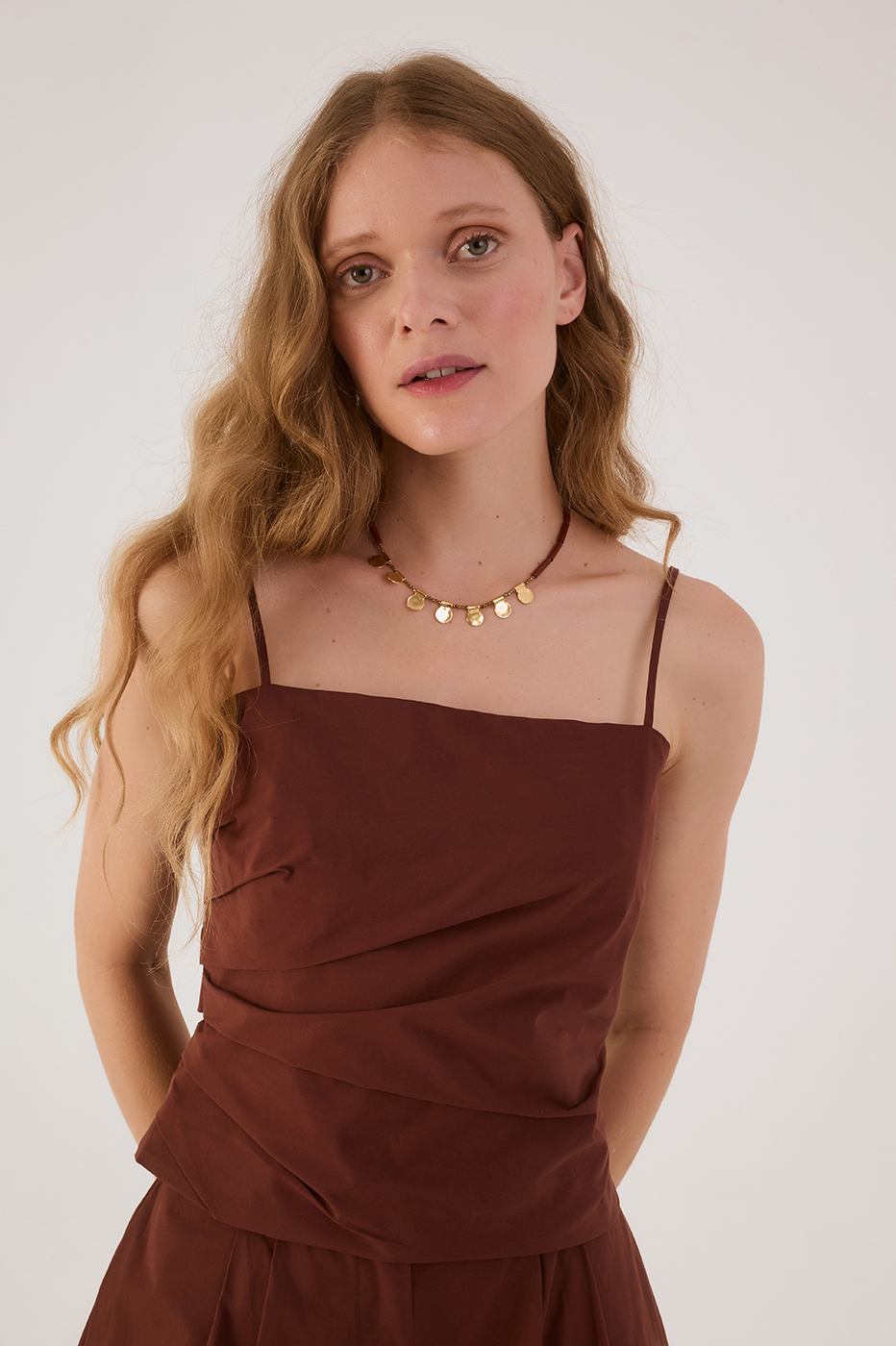 Brown Pleated Square Neck Adjustable Straps Top