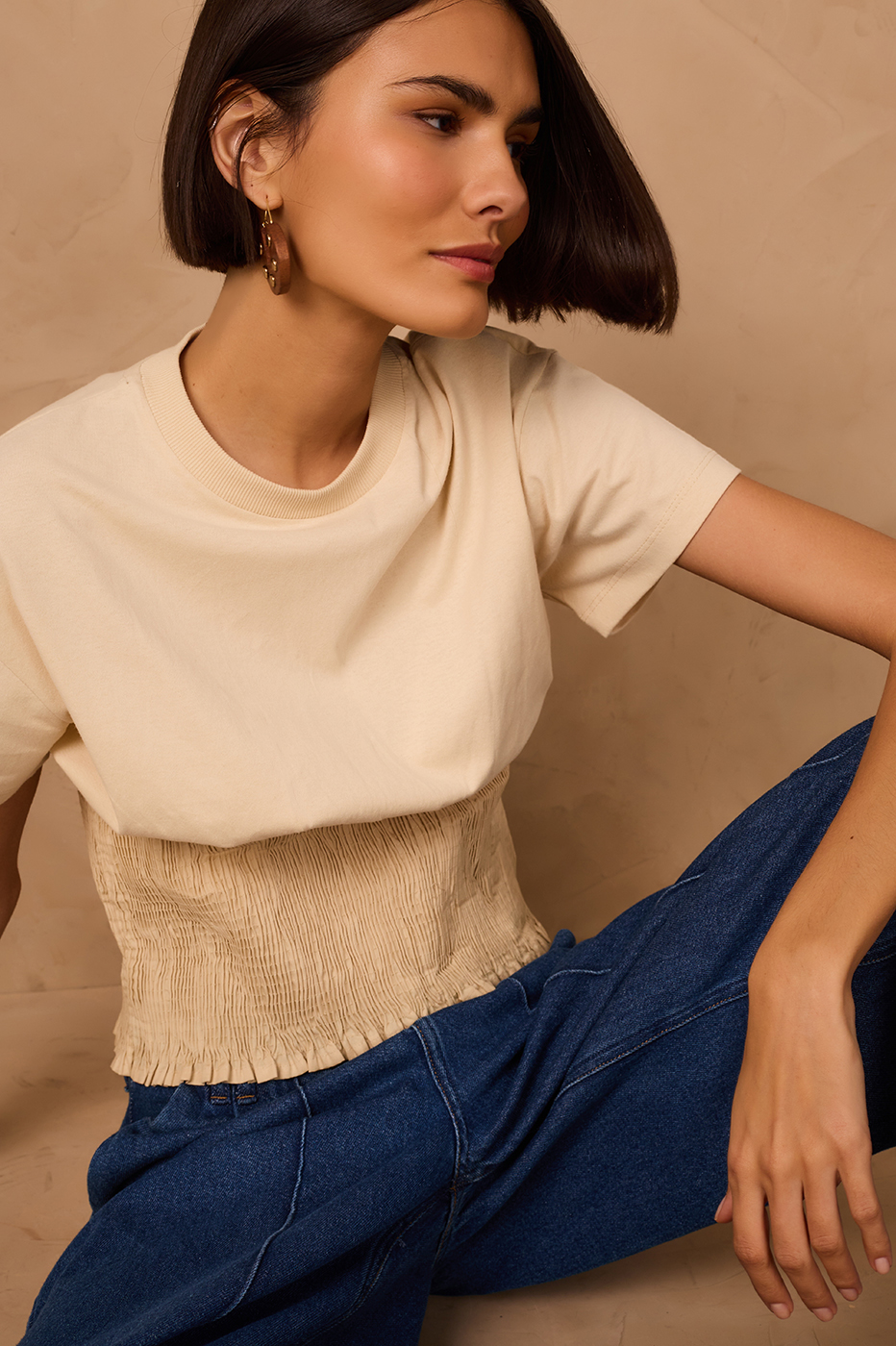 Off White Waist Smocked T-Shirt