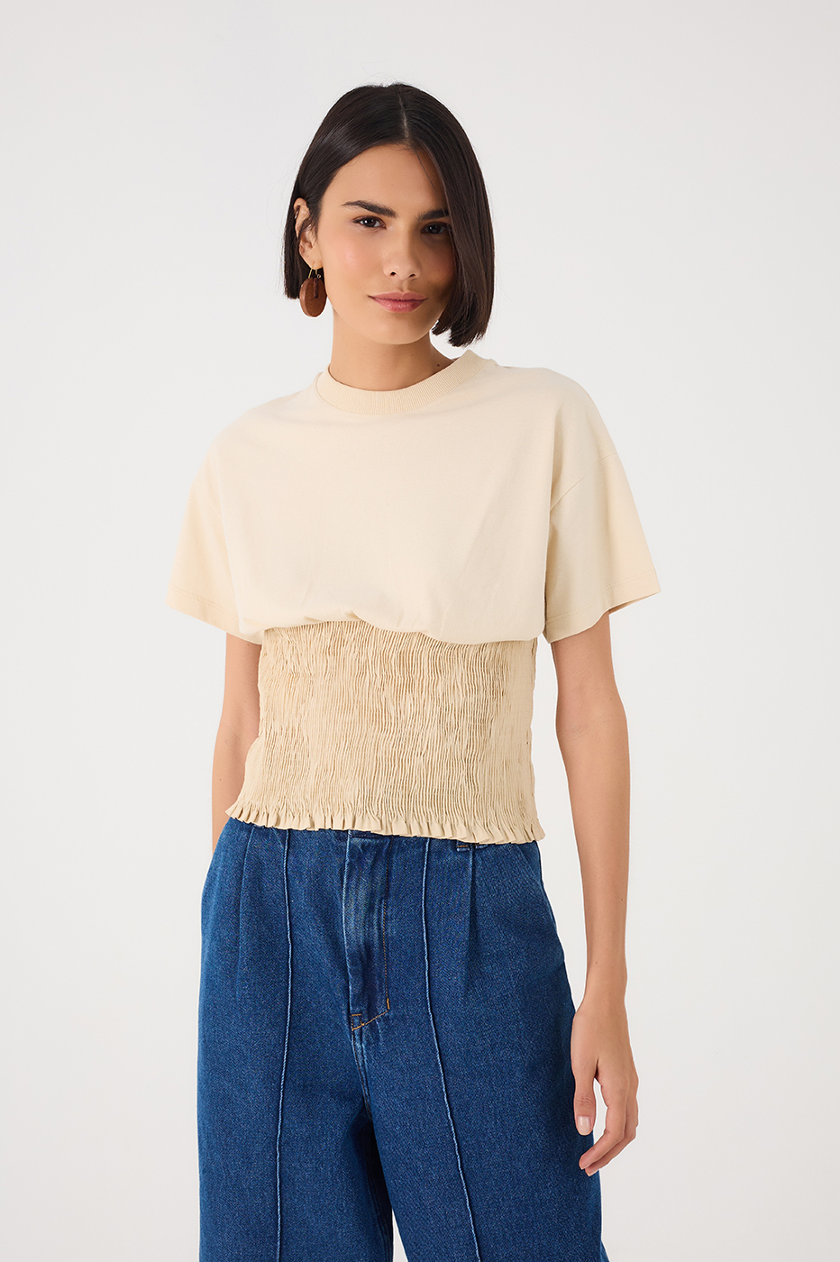 Off White Waist Smocked T-Shirt