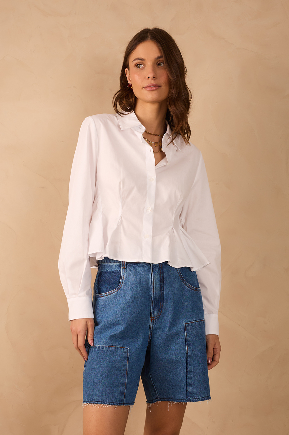 White Collared Buttoned Pleats Peplum Shirt