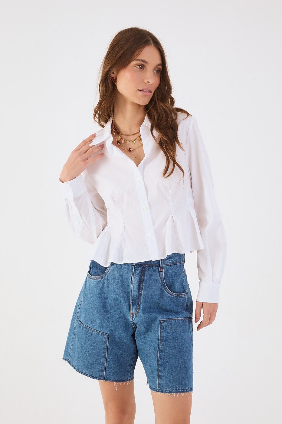White Collared Buttoned Pleats Peplum Shirt