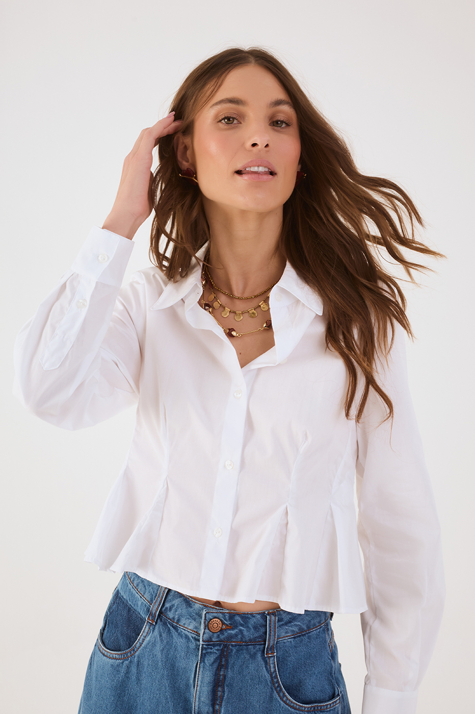 White Collared Buttoned Pleats Peplum Shirt
