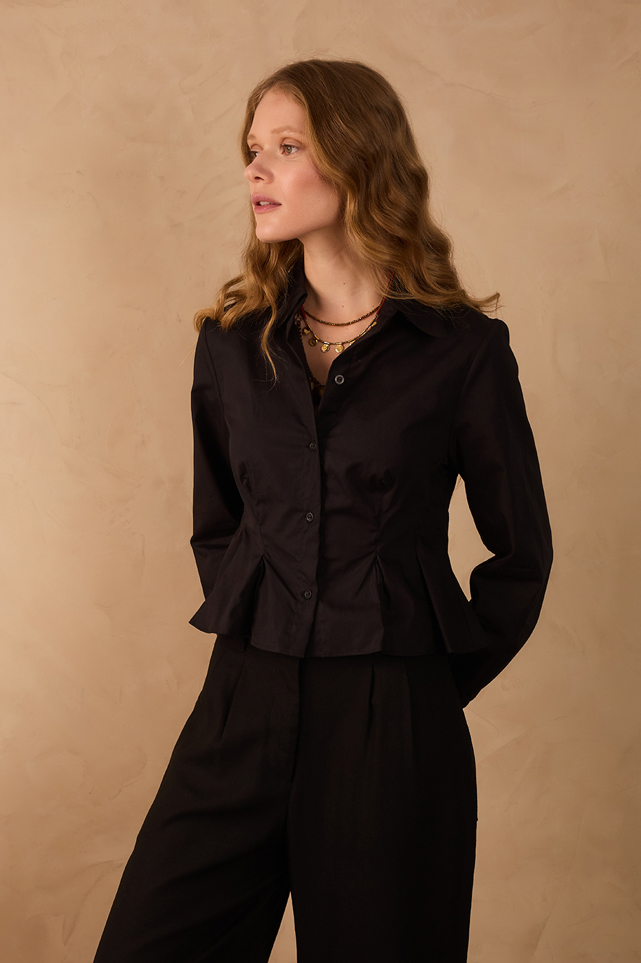 Black Collared Buttoned Pleats Peplum Shirt