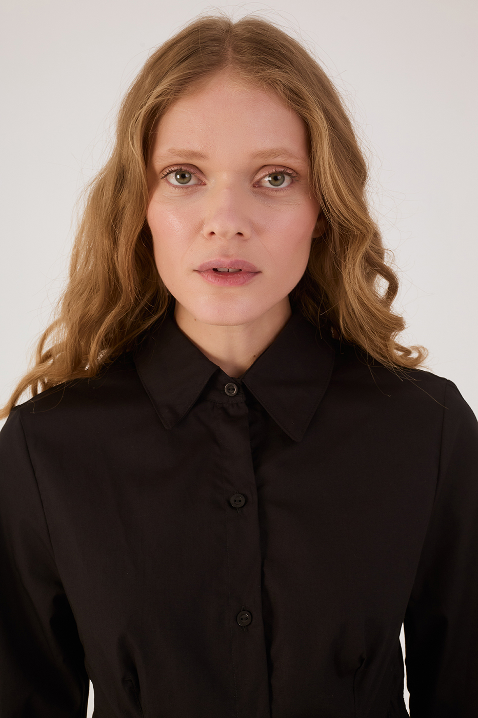 Black Collared Buttoned Pleats Peplum Shirt