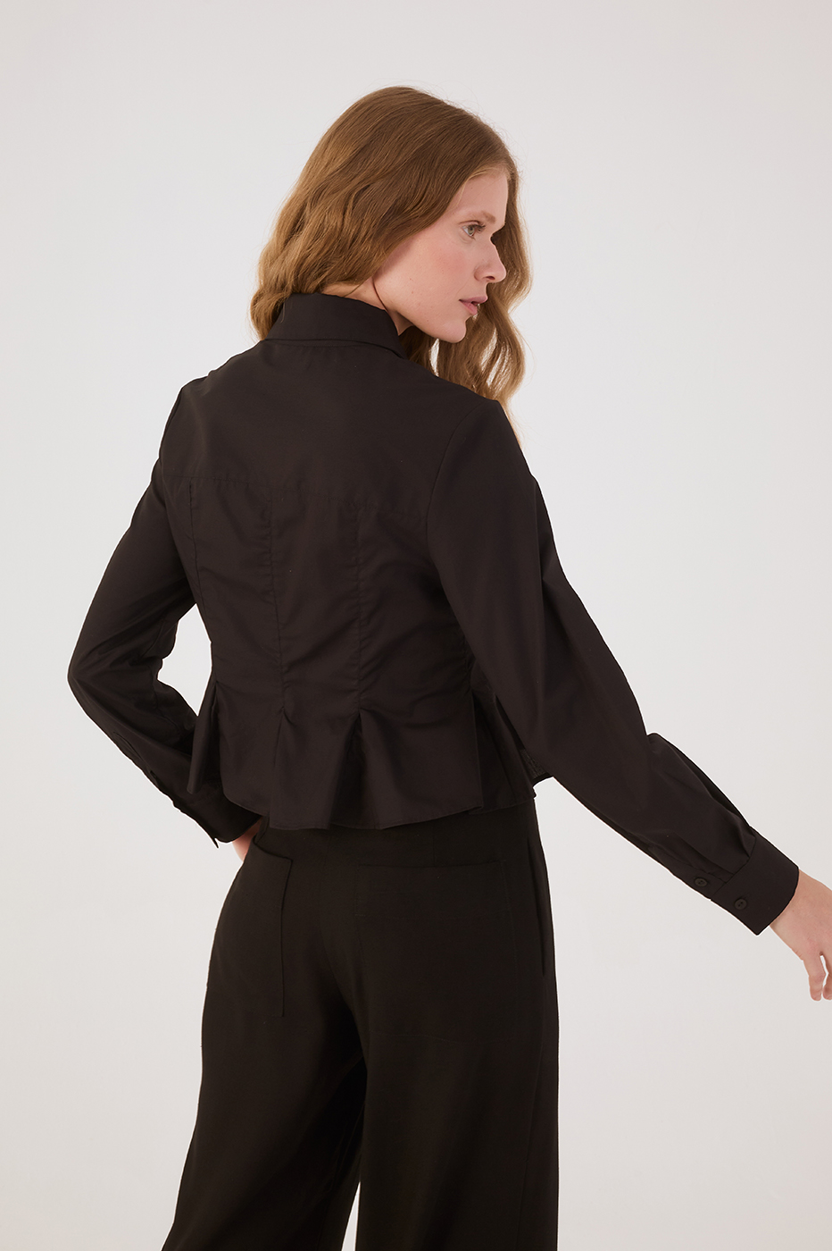 Black Collared Buttoned Pleats Peplum Shirt