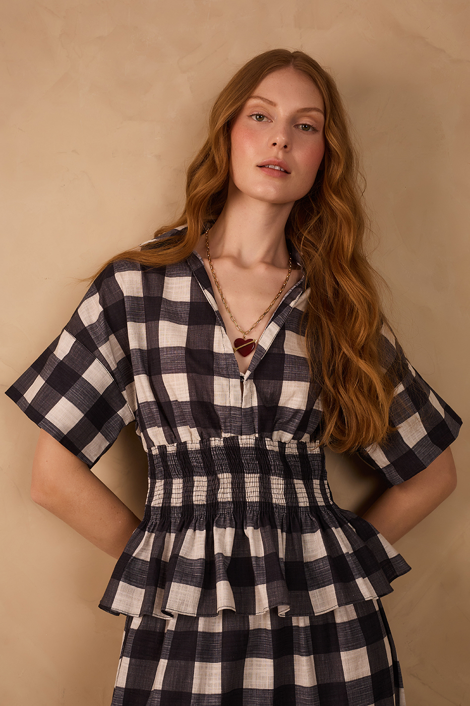 Black Plaid V Neck Smocked Short Sleeve Blouse