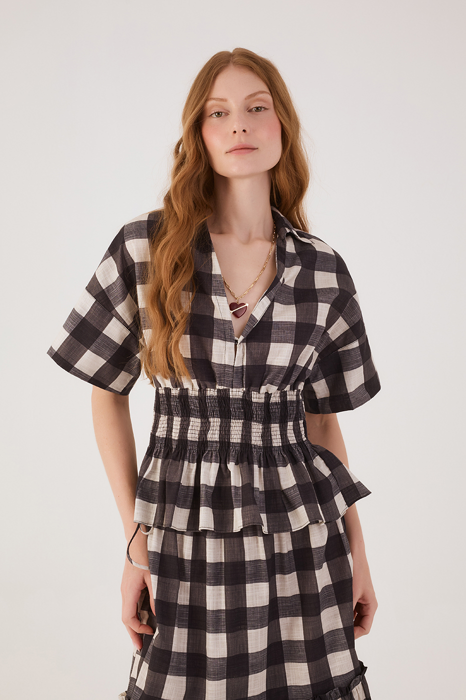 Black Plaid V Neck Smocked Short Sleeve Blouse