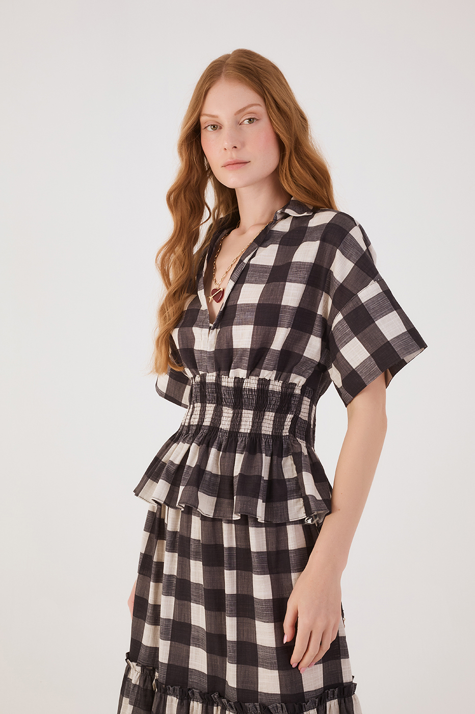 Black Plaid V Neck Smocked Short Sleeve Blouse
