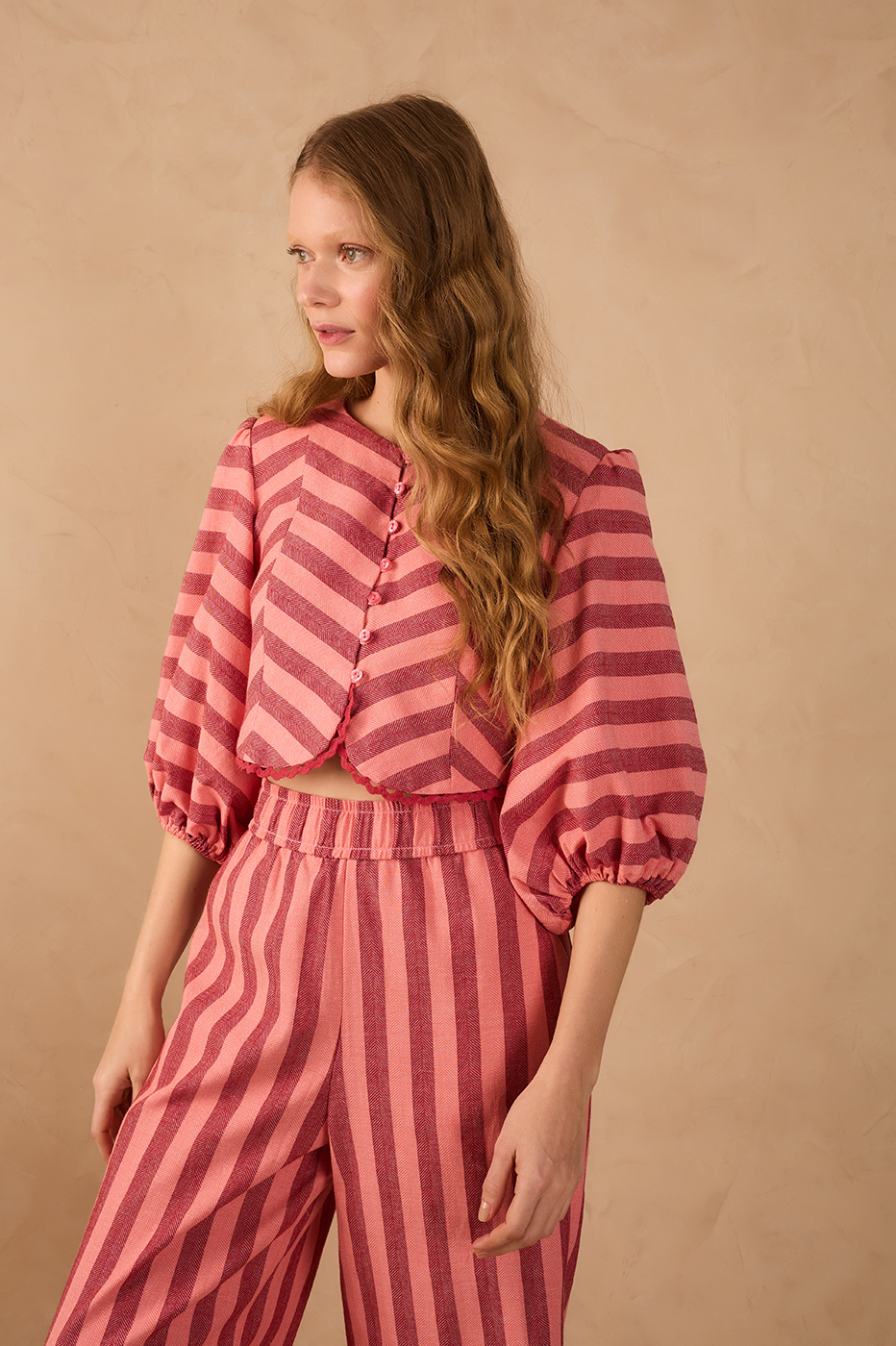 Pink Bromelia Buttoned Back Ties Rickrack Trim Blouse_1