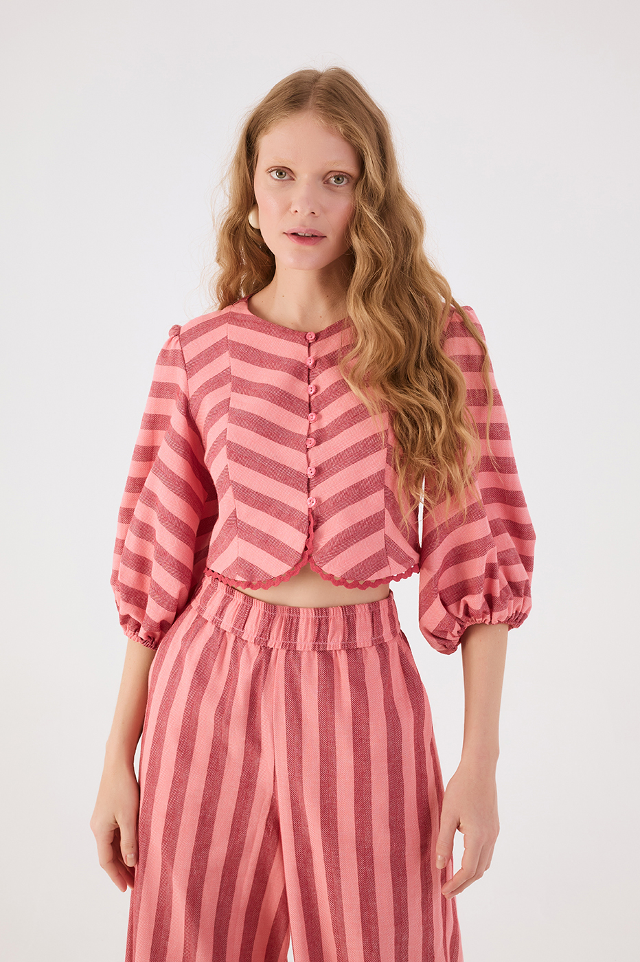 Pink Bromelia Buttoned Back Ties Rickrack Trim Blouse