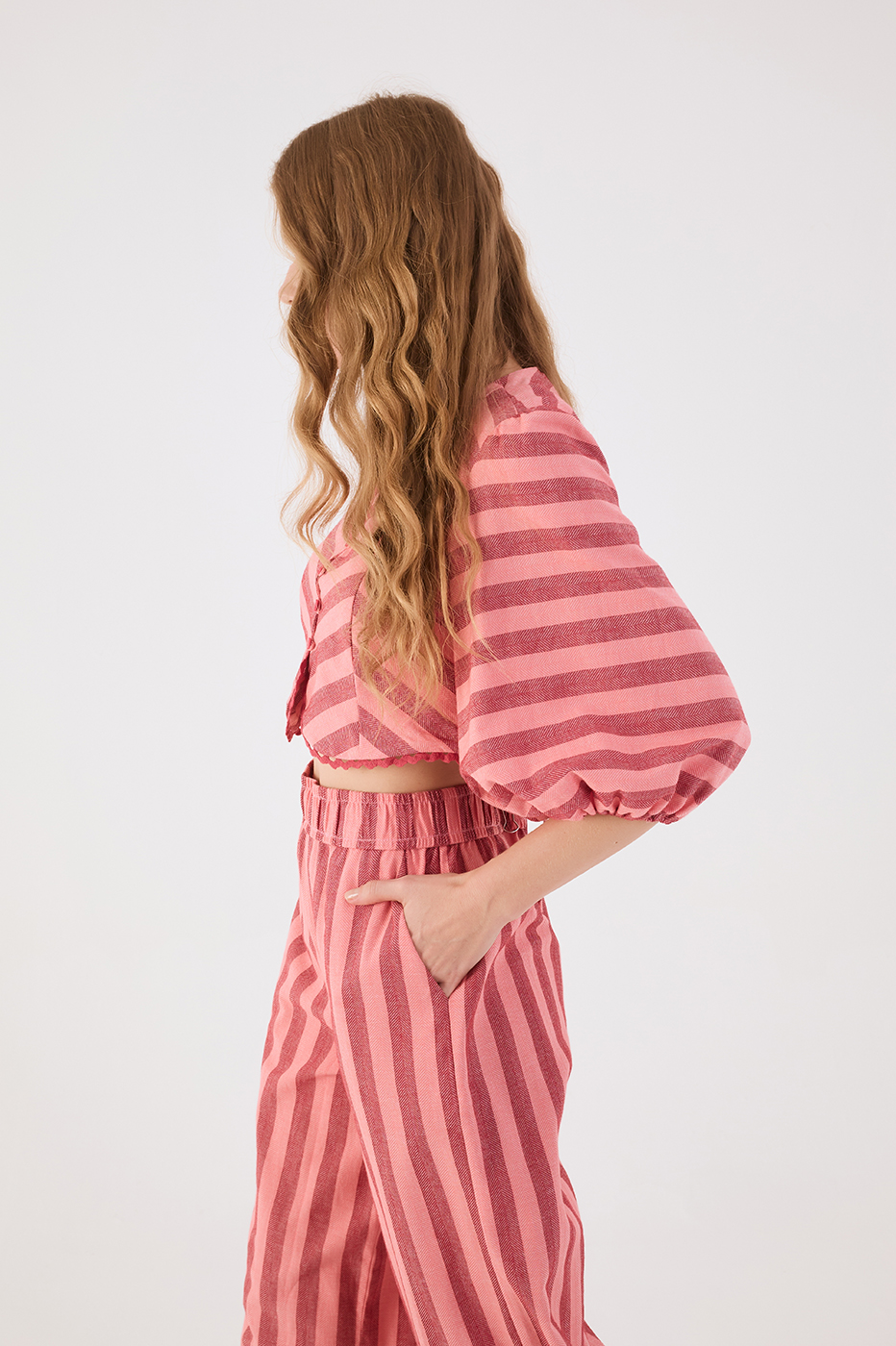 Pink Bromelia Buttoned Back Ties Rickrack Trim Blouse
