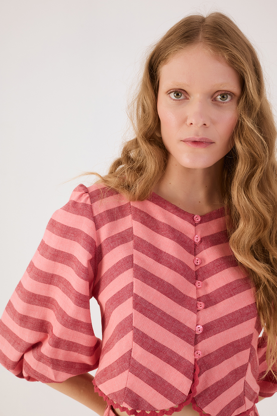 Pink Bromelia Buttoned Back Ties Rickrack Trim Blouse