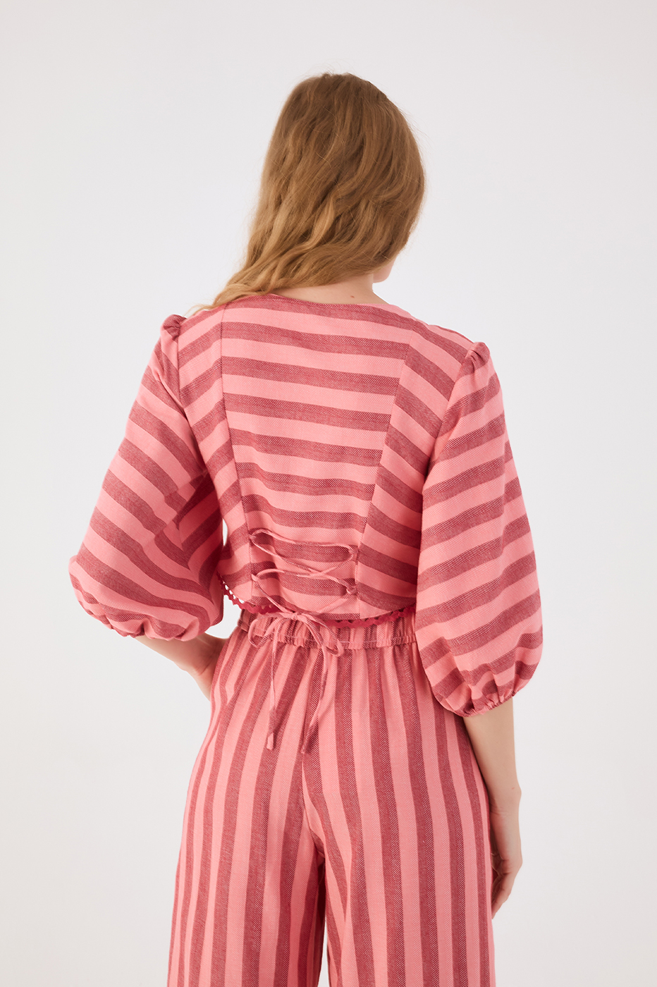 Pink Bromelia Buttoned Back Ties Rickrack Trim Blouse