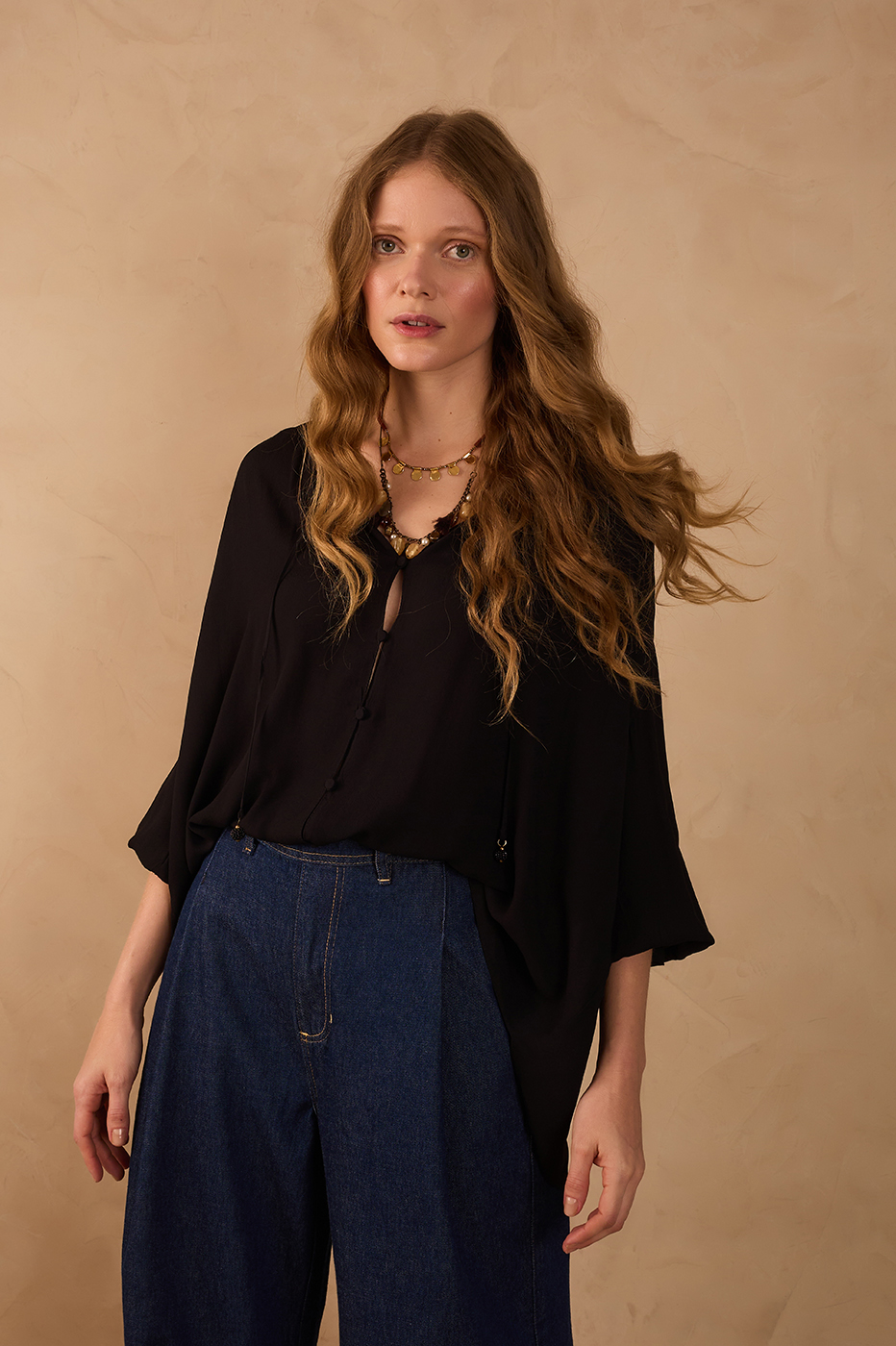Black V Neck Front Ties Buttoned Crepe Blouse