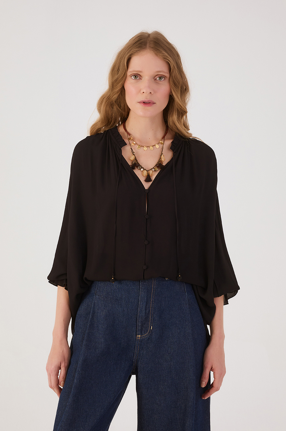 Black V Neck Front Ties Buttoned Crepe Blouse