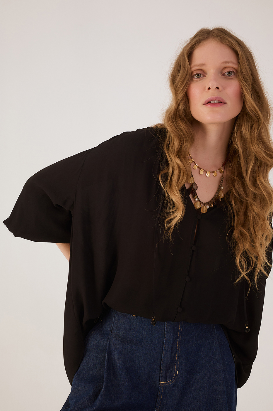 Black V Neck Front Ties Buttoned Crepe Blouse