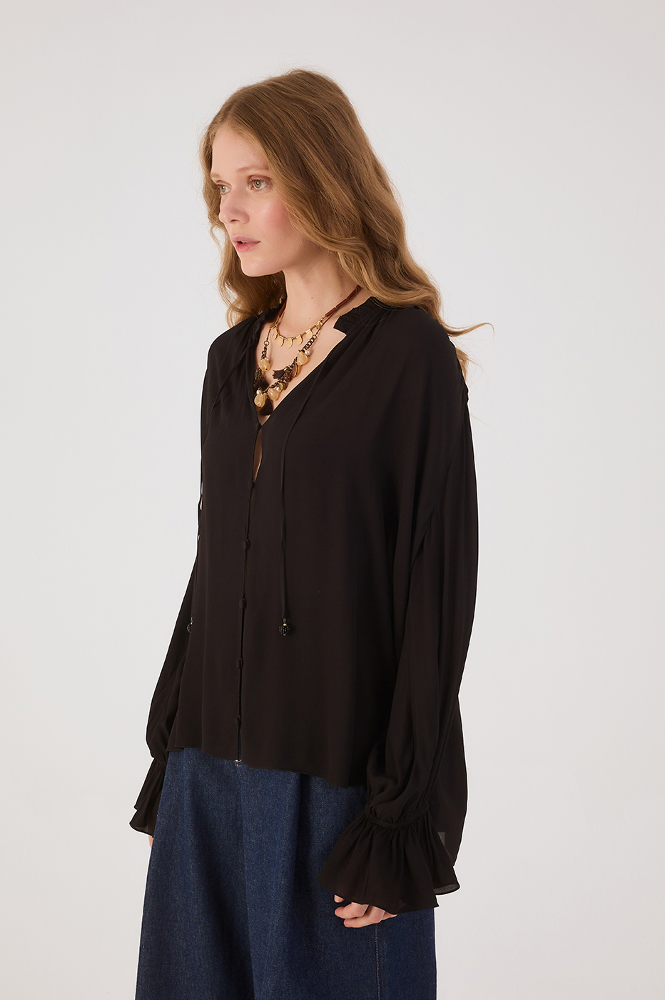 Black V Neck Front Ties Buttoned Crepe Blouse