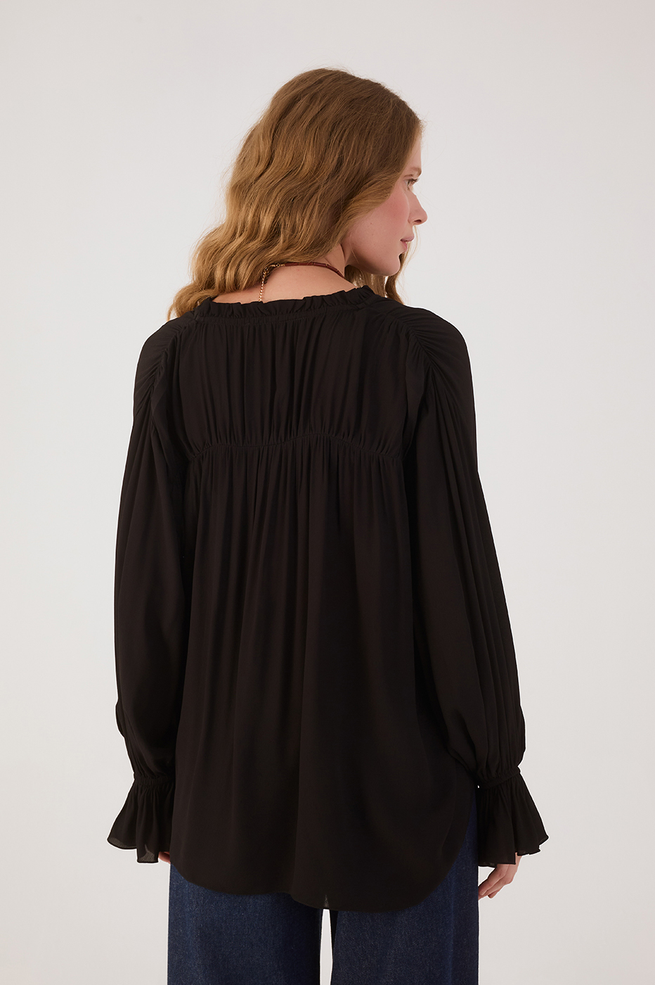 Black V Neck Front Ties Buttoned Crepe Blouse