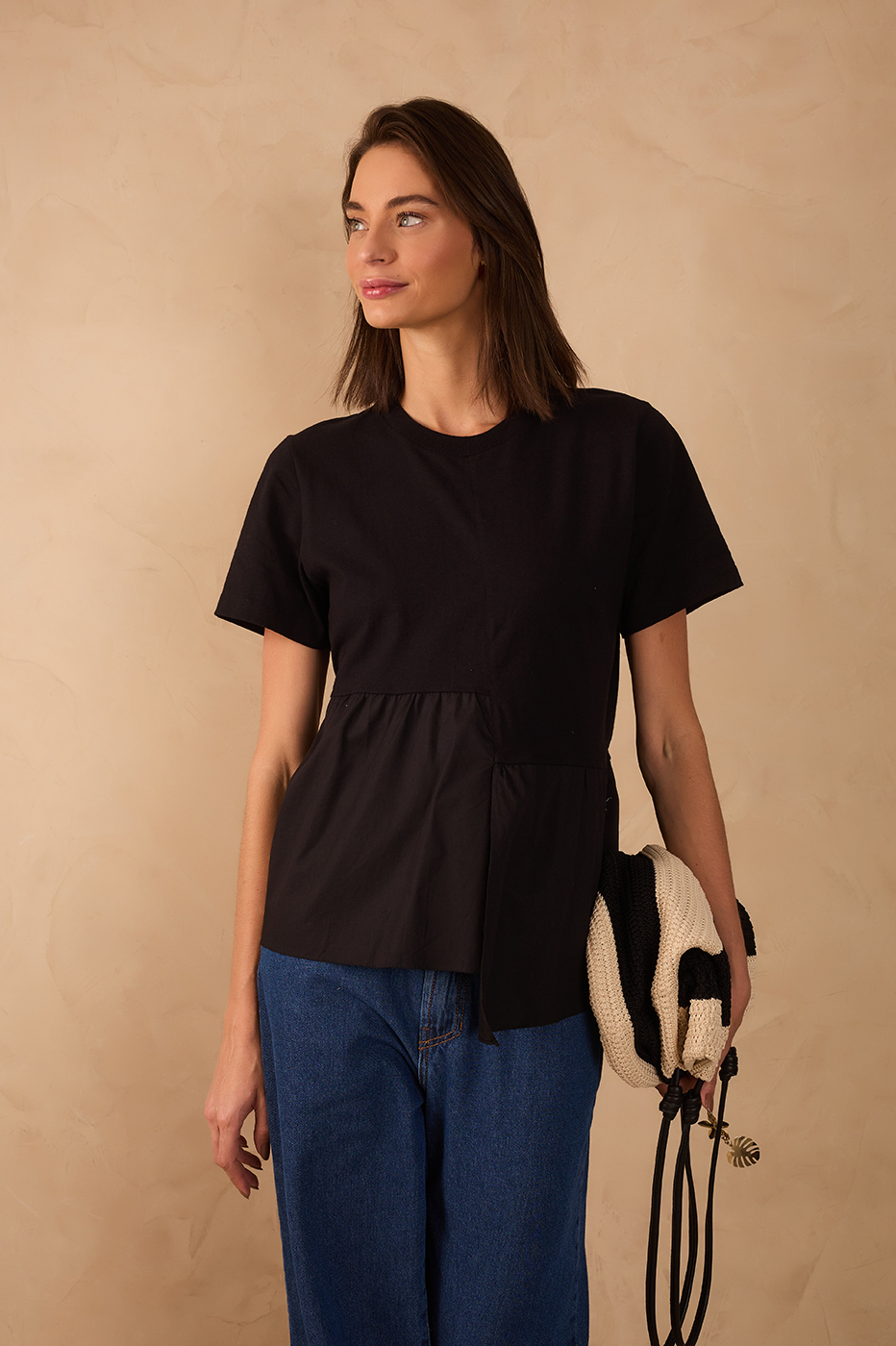 Black Asymmetric Ruffle T-Shirt