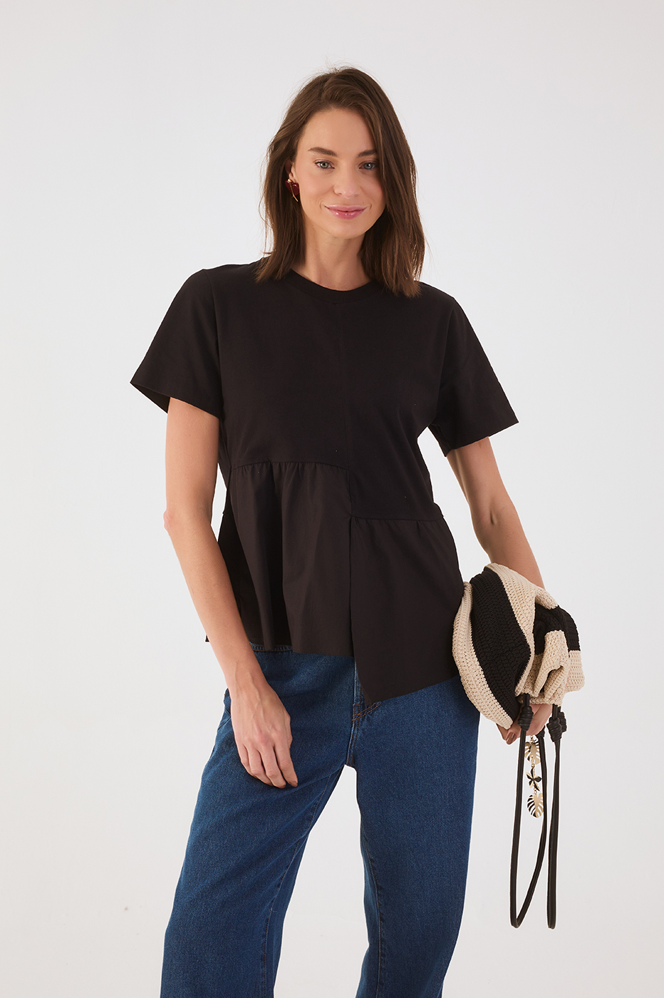 Black Asymmetric Ruffle T-Shirt