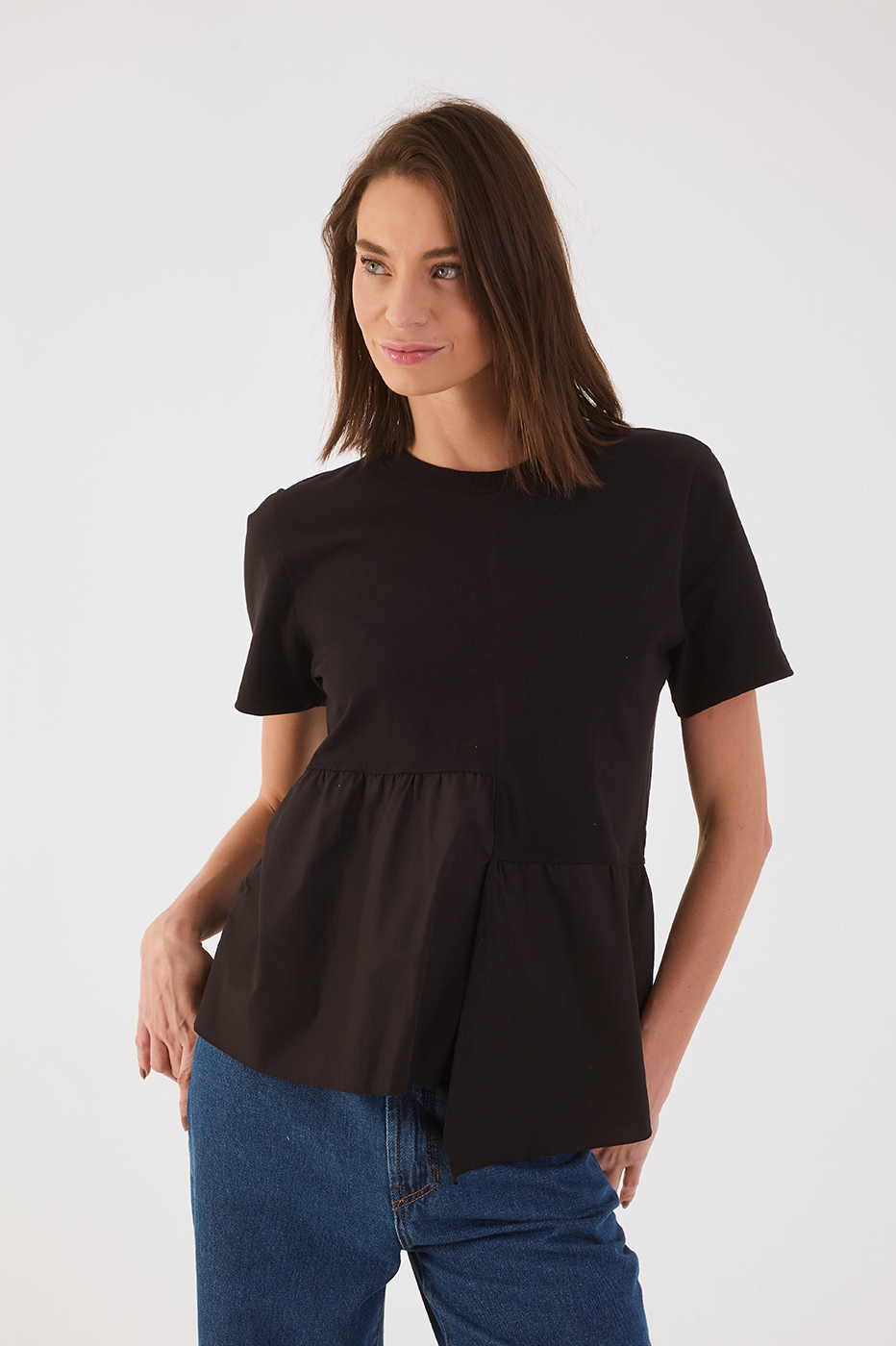 Black Asymmetric Ruffle T-Shirt
