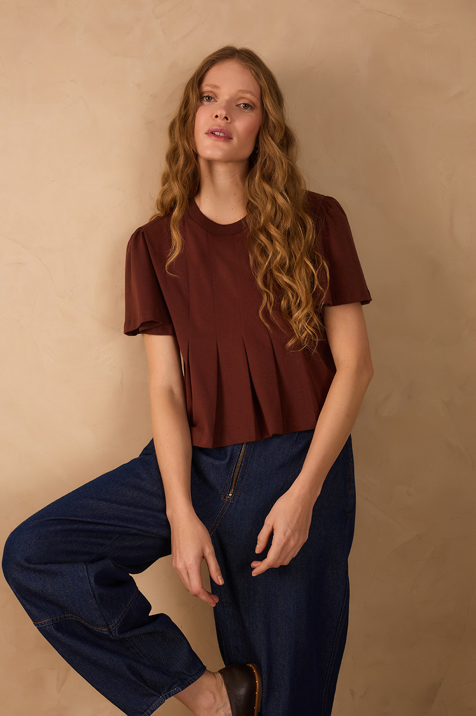 Brown Caffeine Pleats Crew Neck Short Sleeve Blouse