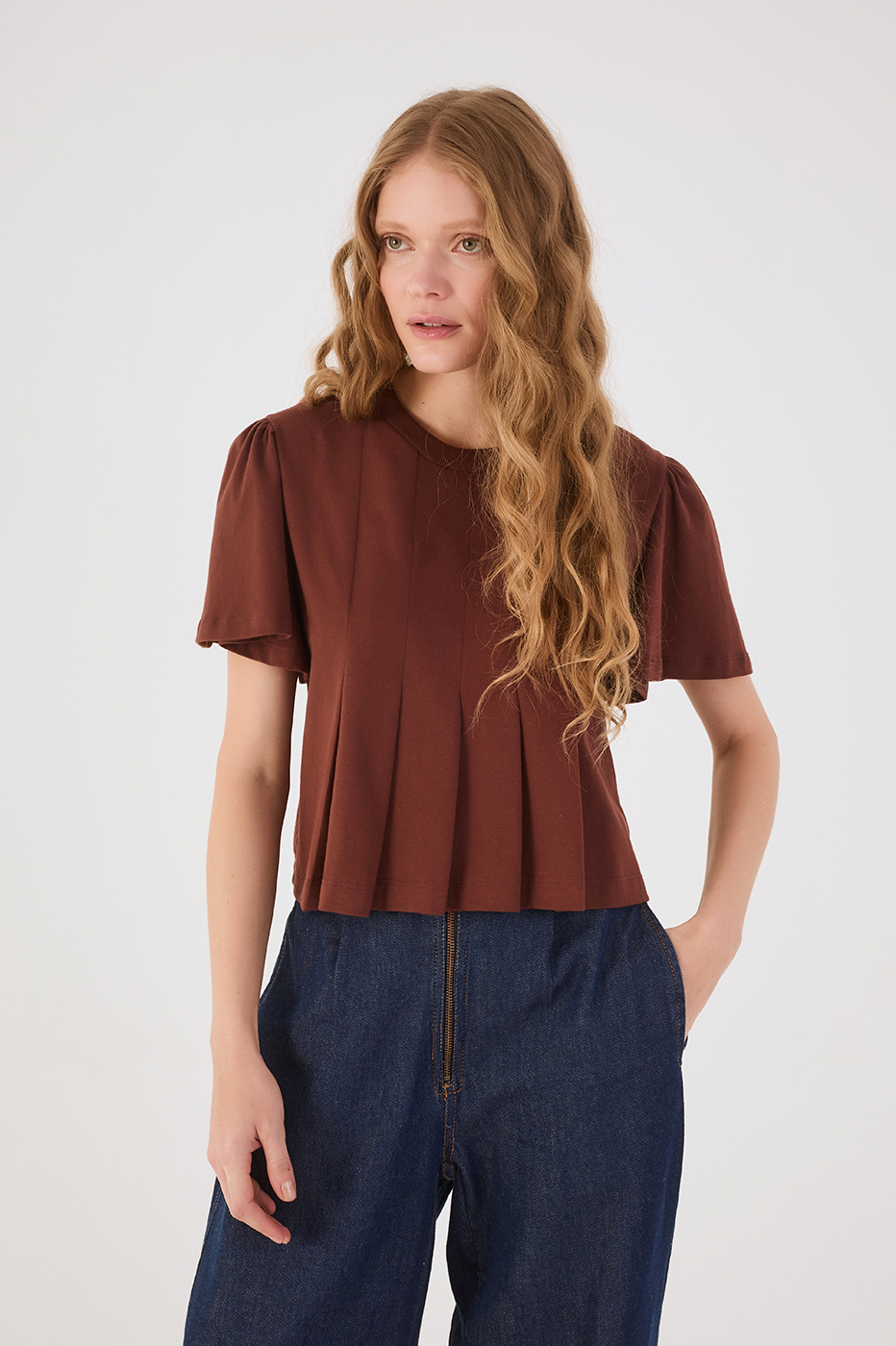 Brown Caffeine Pleats Crew Neck Short Sleeve Blouse