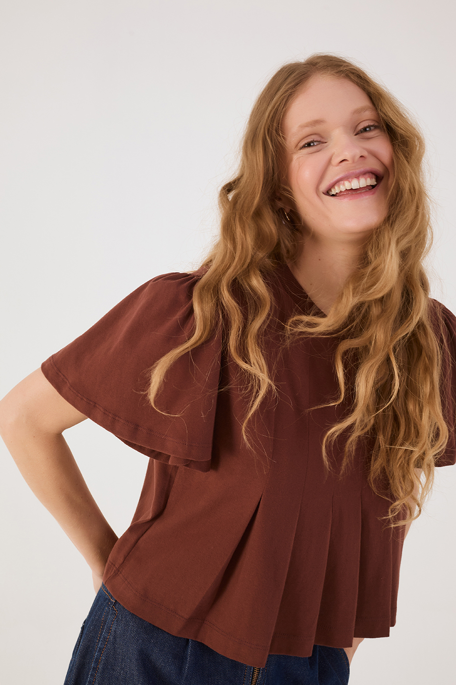 Brown Caffeine Pleats Crew Neck Short Sleeve Blouse