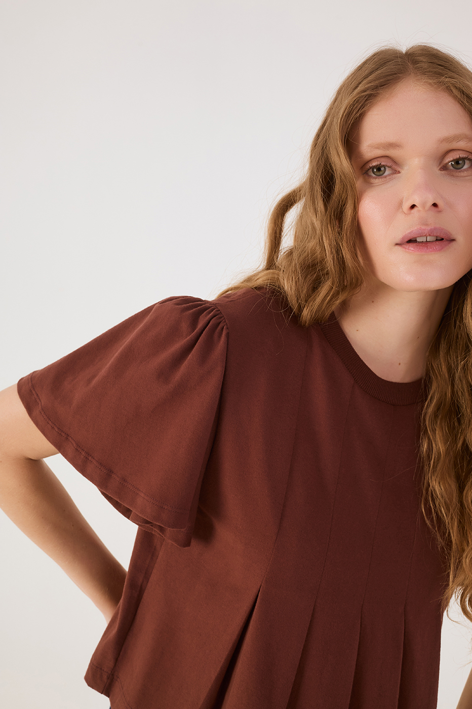 Brown Caffeine Pleats Crew Neck Short Sleeve Blouse