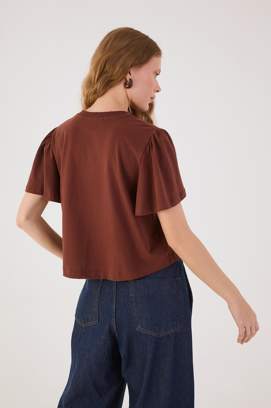 Brown Caffeine Pleats Crew Neck Short Sleeve Blouse