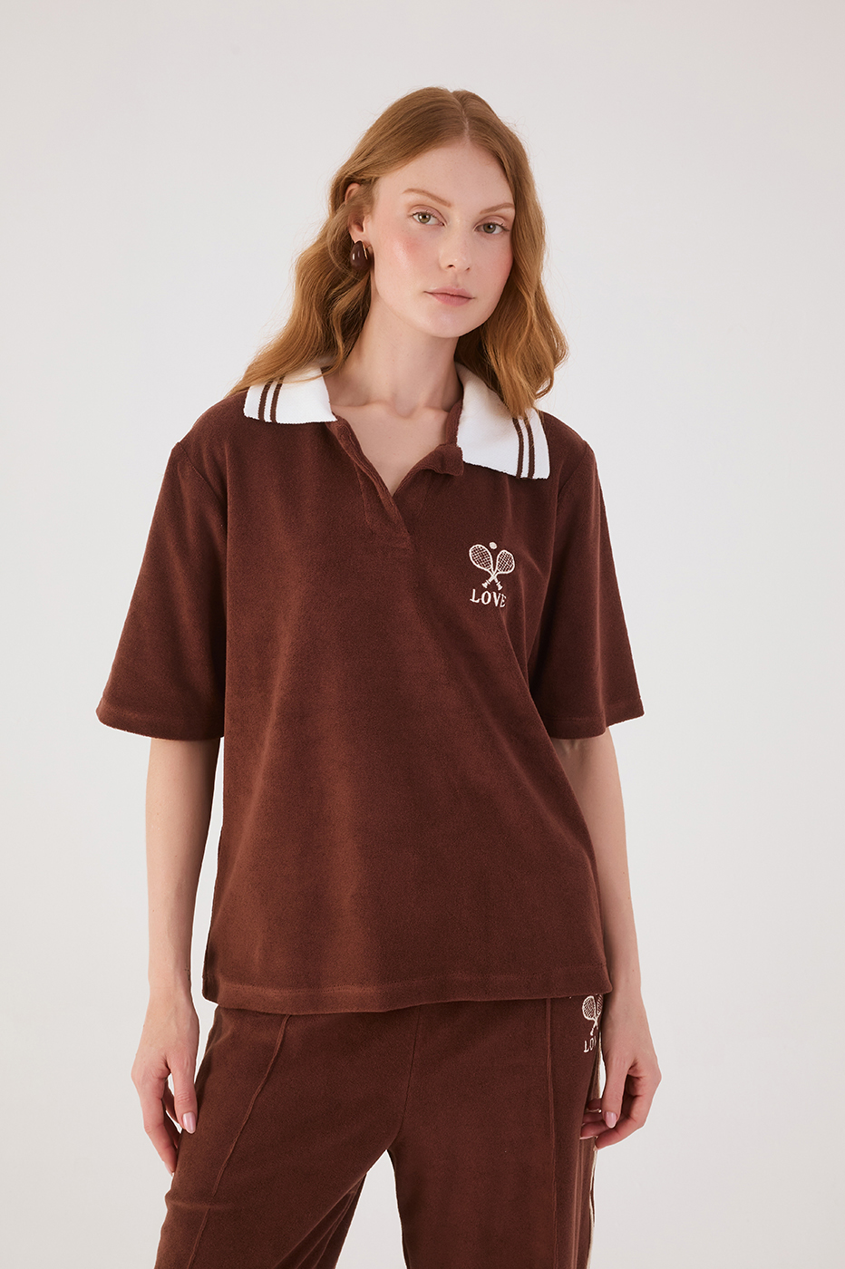 Brown Love Embroidered Collared Fleece Shirt