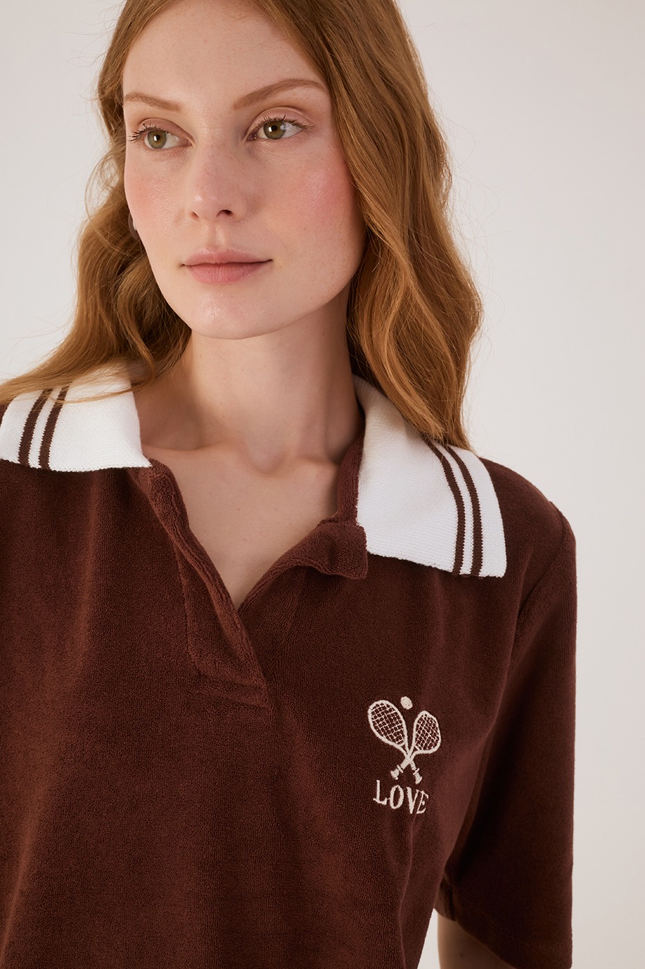 Brown Love Embroidered Collared Fleece Shirt