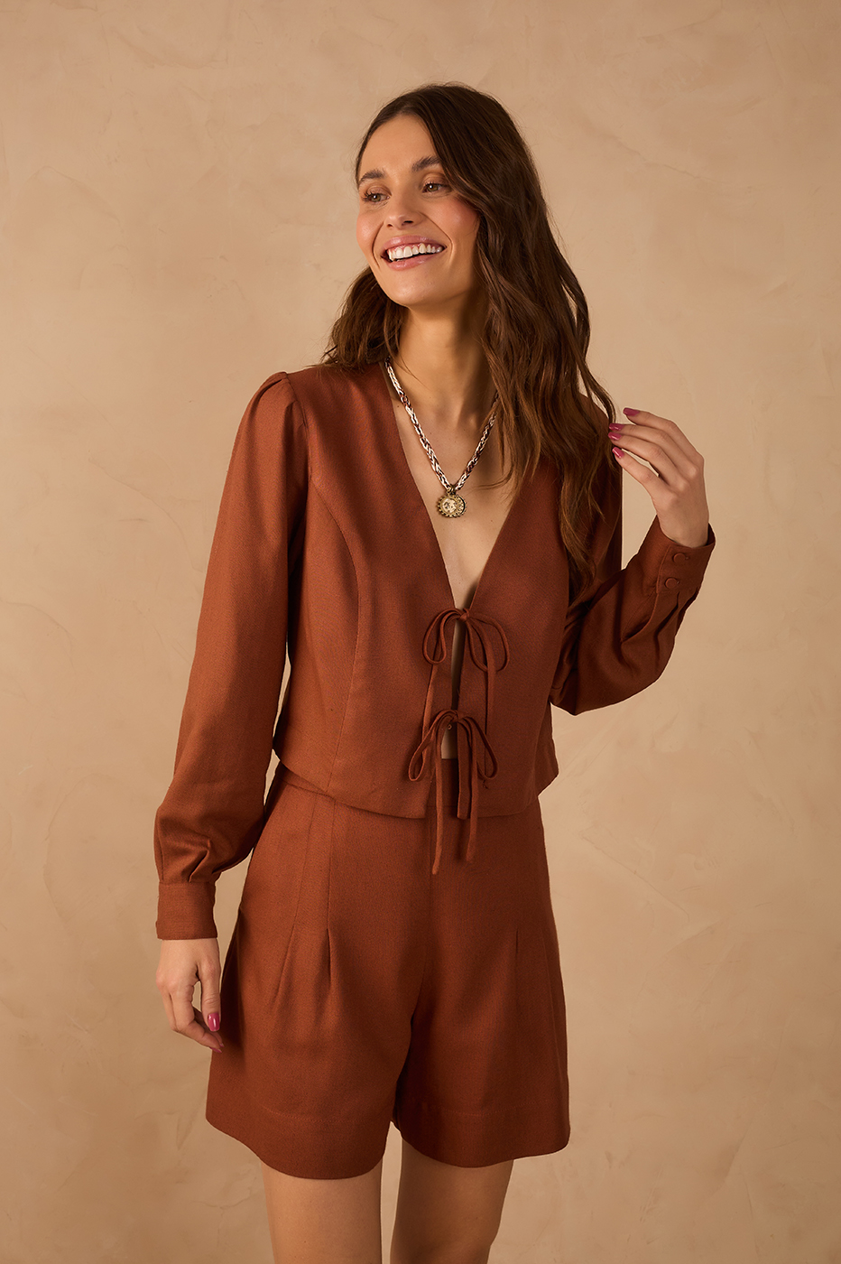 Brown Mate V Neck Front Ties Linen Blouse