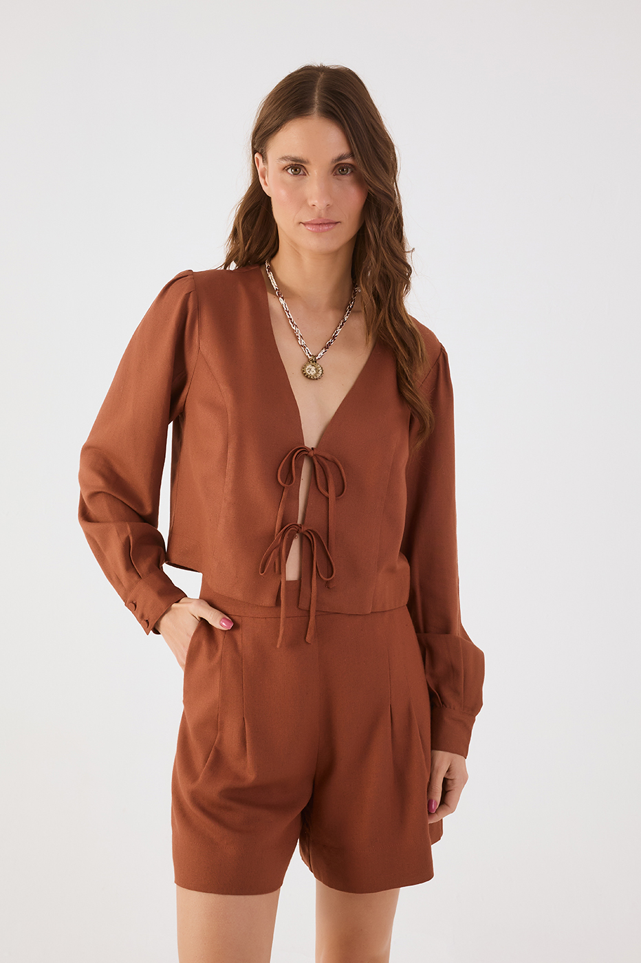 Brown Mate V Neck Front Ties Linen Blouse