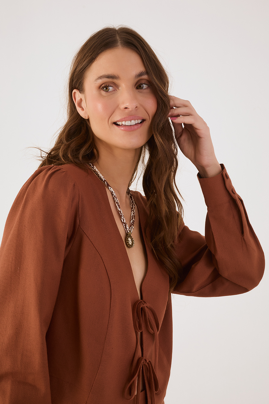 Brown Mate V Neck Front Ties Linen Blouse