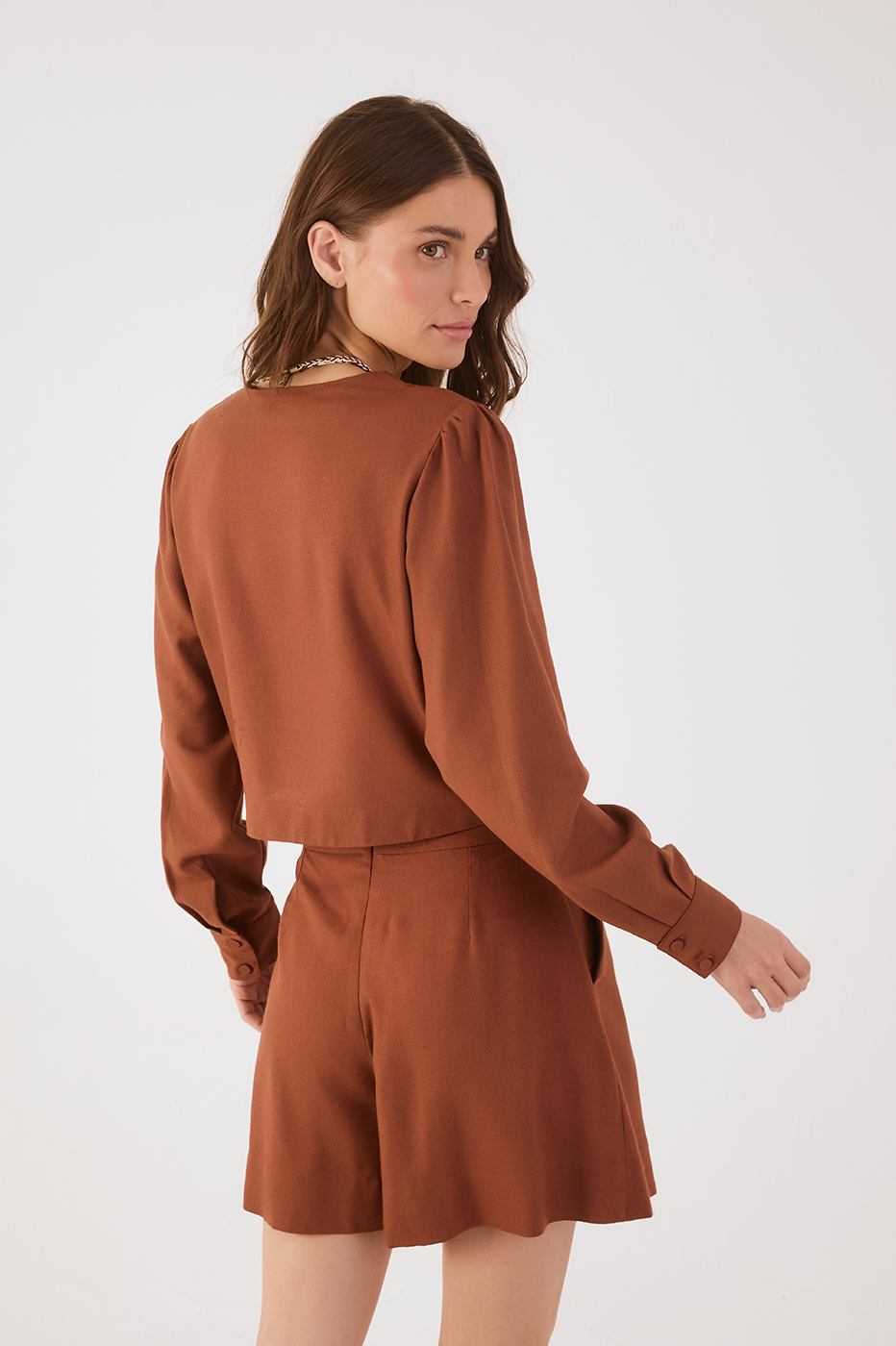 Brown Mate V Neck Front Ties Linen Blouse