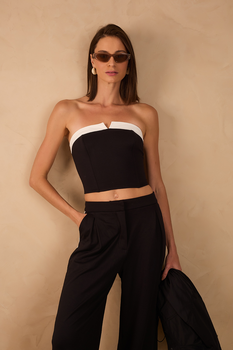 Black And White Strapless Tailored Crop Top