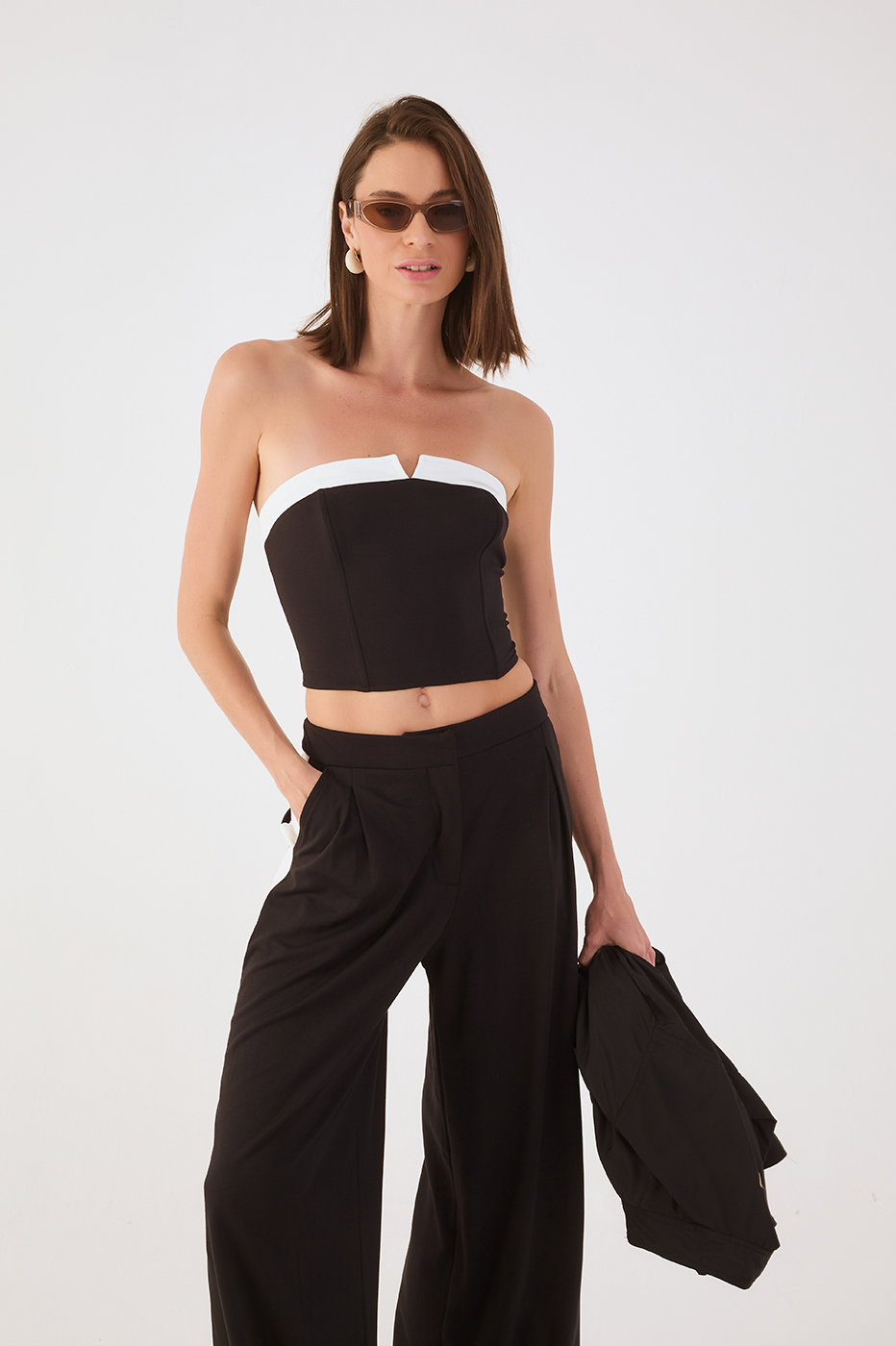 Black And White Strapless Tailored Crop Top