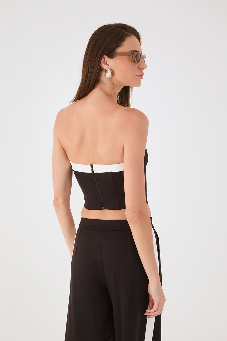 Black And White Strapless Tailored Crop Top