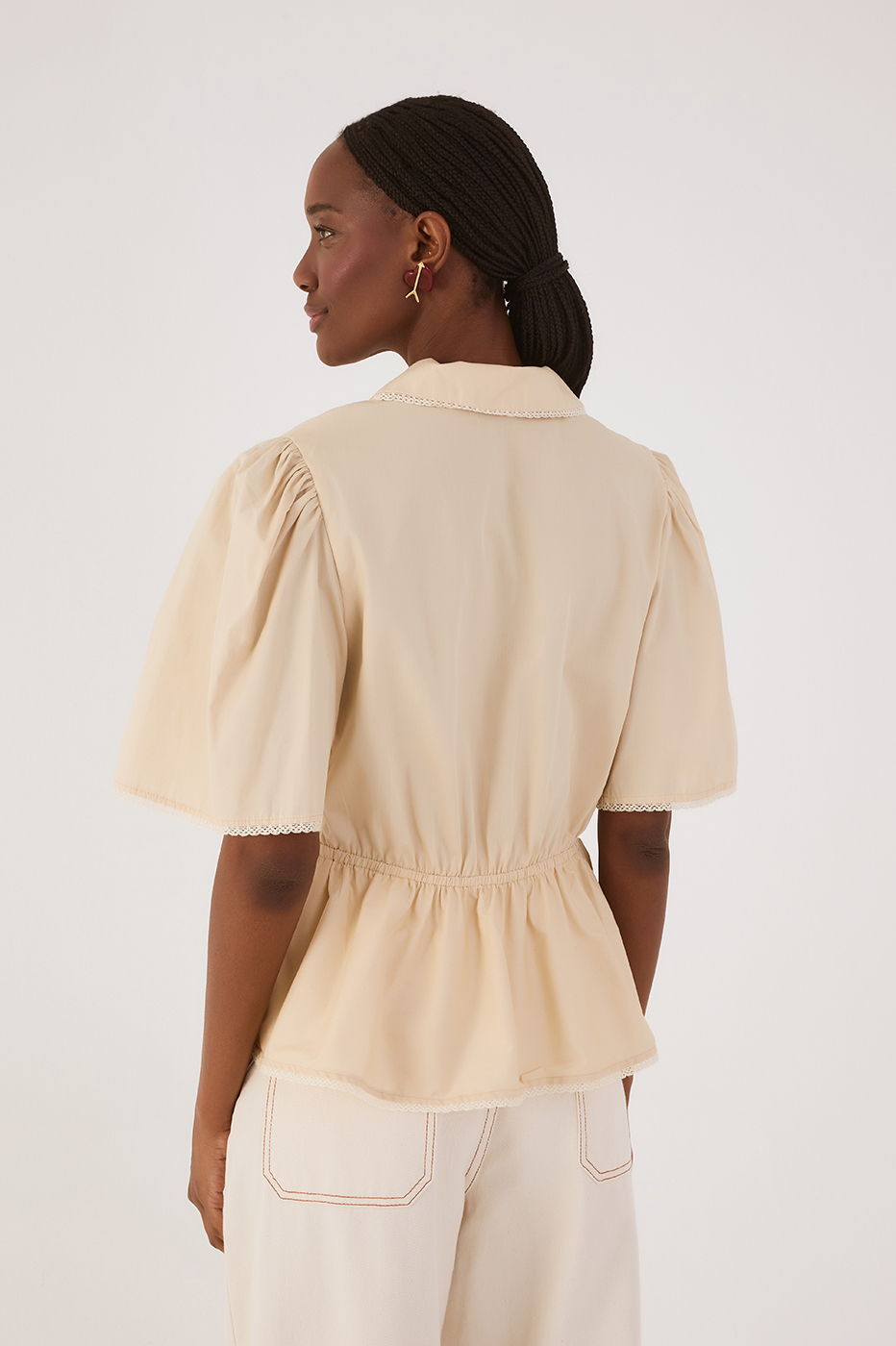 Off-White Lace Adjustable Waist Short Sleeve Blouse