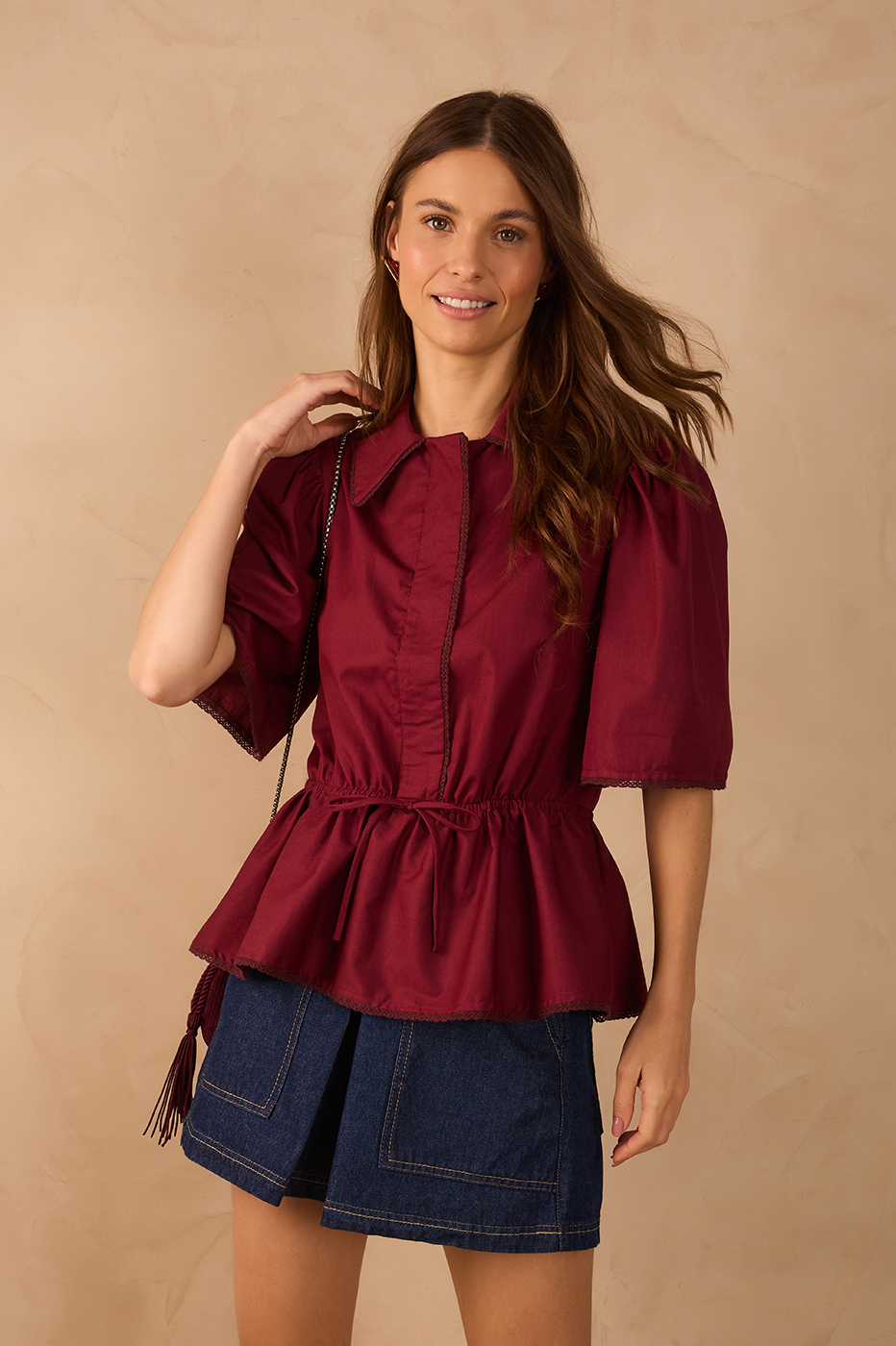 Wine Bossa Lace Adjustable Waist Short Sleeve Blouse