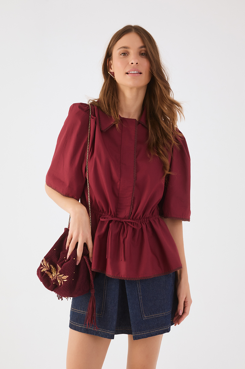 Wine Bossa Lace Adjustable Waist Short Sleeve Blouse