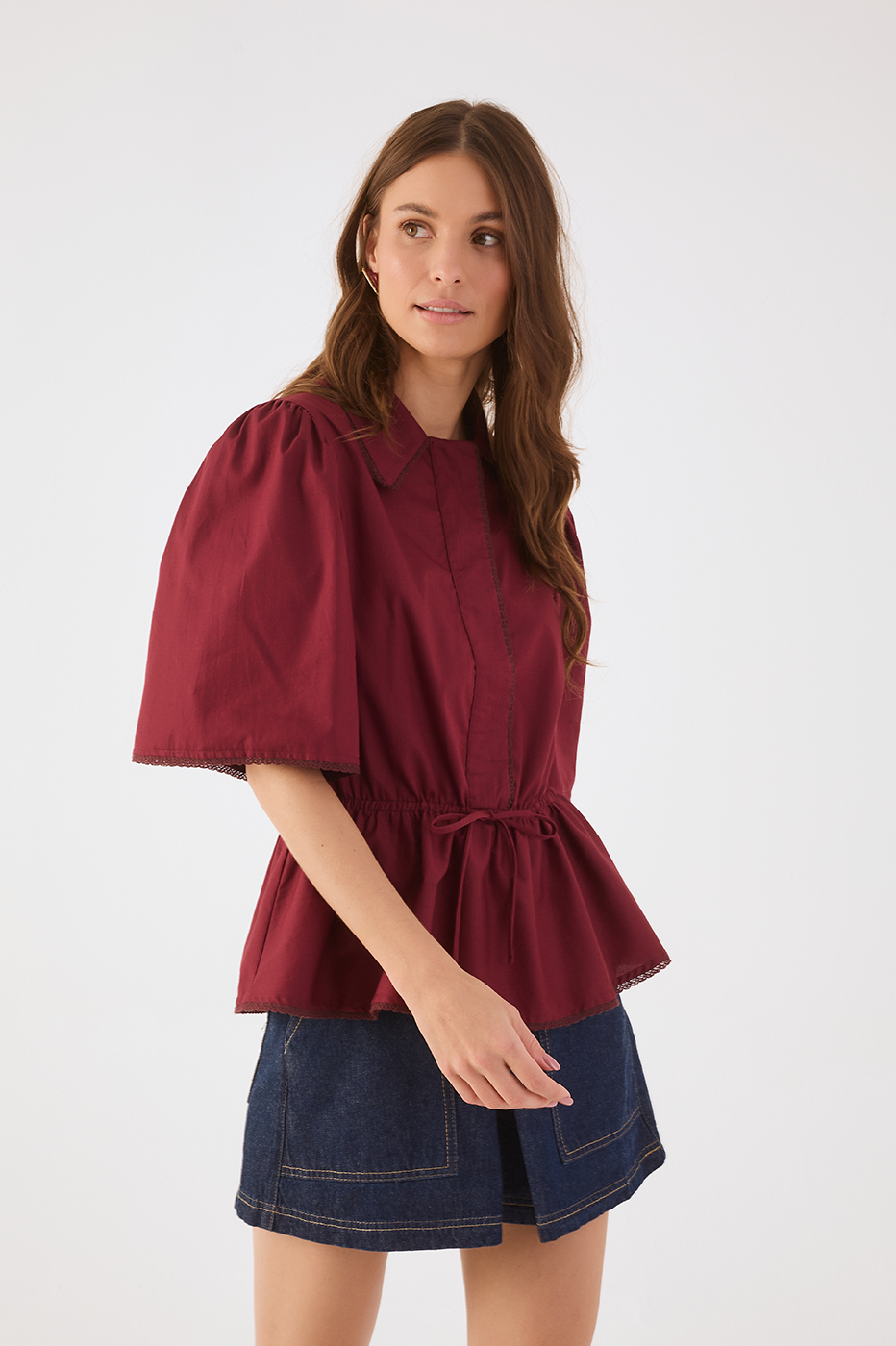 Wine Bossa Lace Adjustable Waist Short Sleeve Blouse