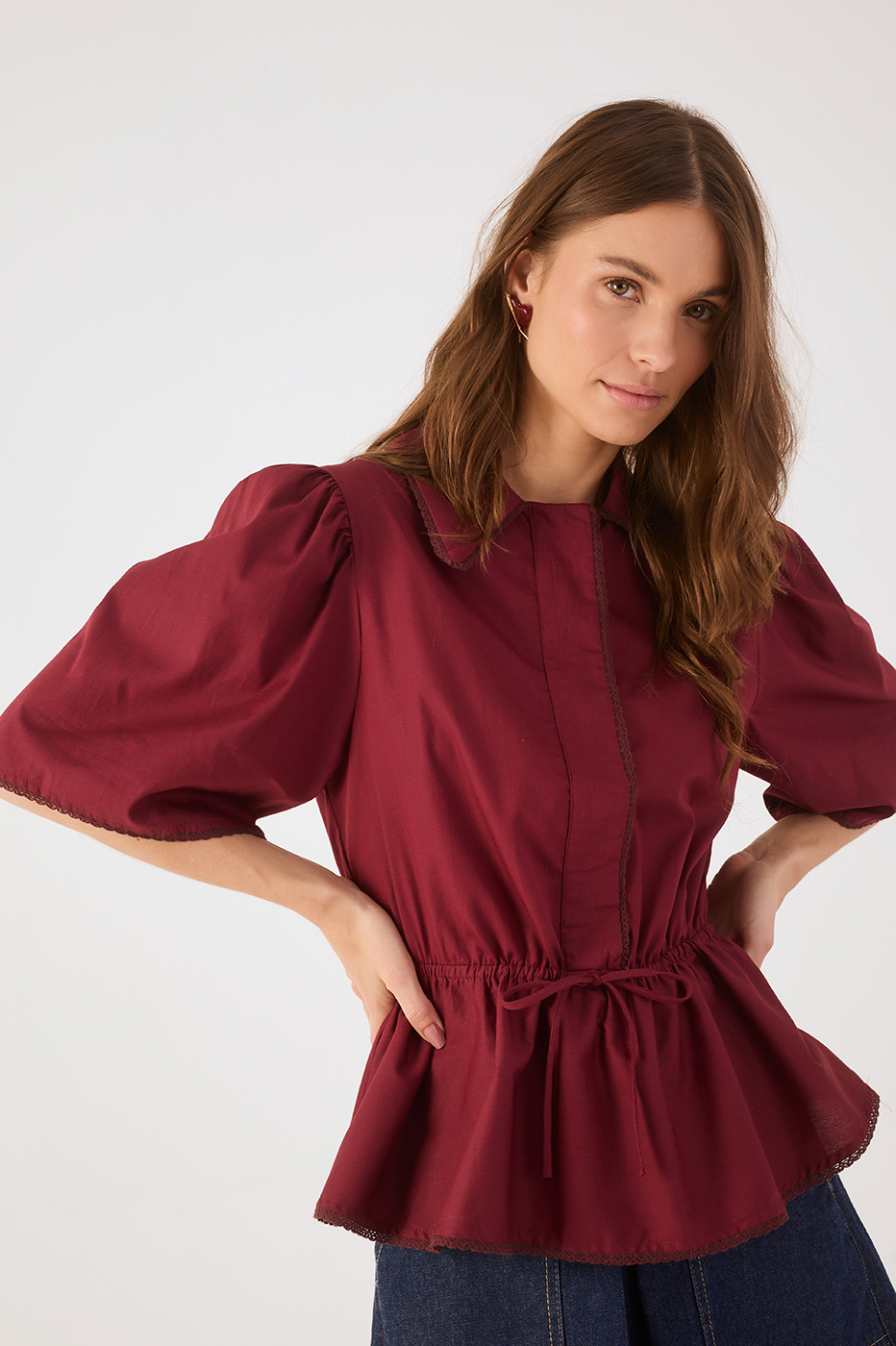 Wine Bossa Lace Adjustable Waist Short Sleeve Blouse