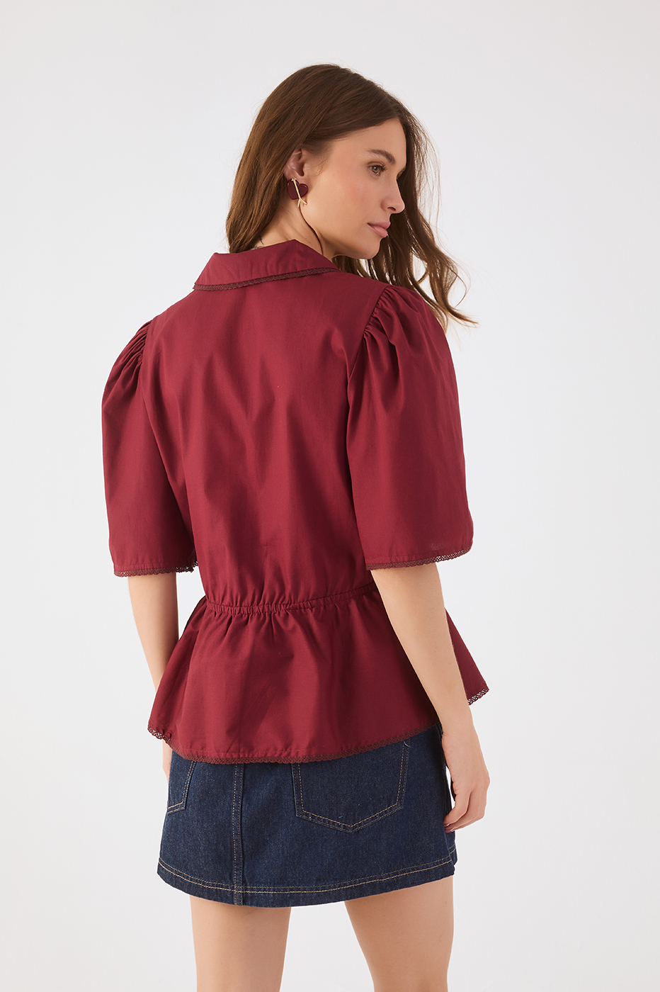 Wine Bossa Lace Adjustable Waist Short Sleeve Blouse