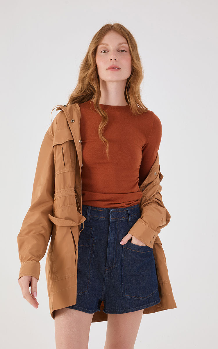 Brown Mate Long Sleeve Ruched Tricot Blouse_2