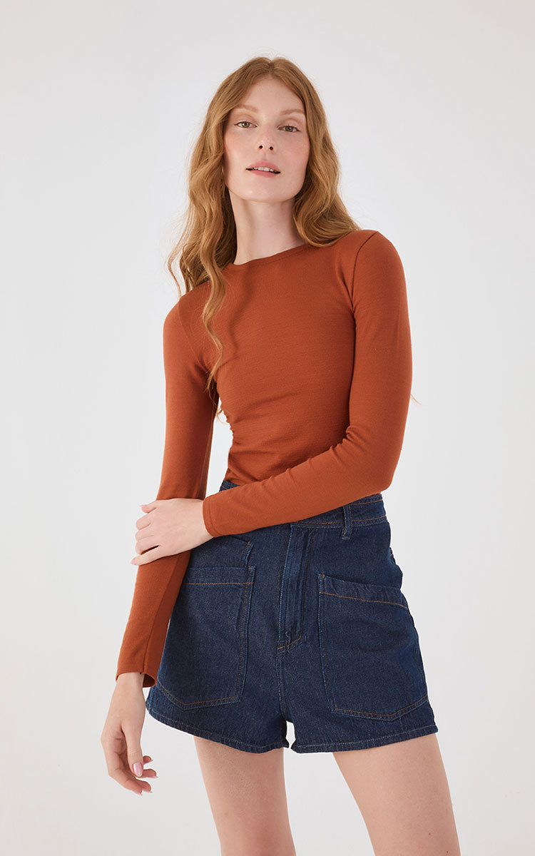 Brown Mate Long Sleeve Ruched Tricot Blouse